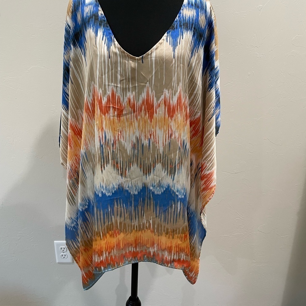 Chico's Blue and Tan Chevron Shawl Poncho Boho S/M